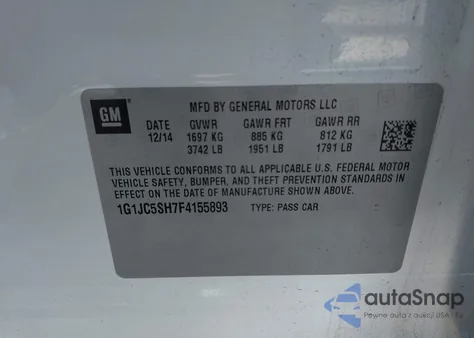 2015 Chevrolet Sonic Lt Auto z USA, uszkodzony, nr VIN 1G1JC5SH7F4155893